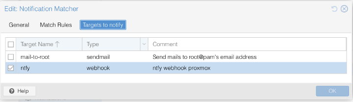 Proxmox notification matcher pane 3