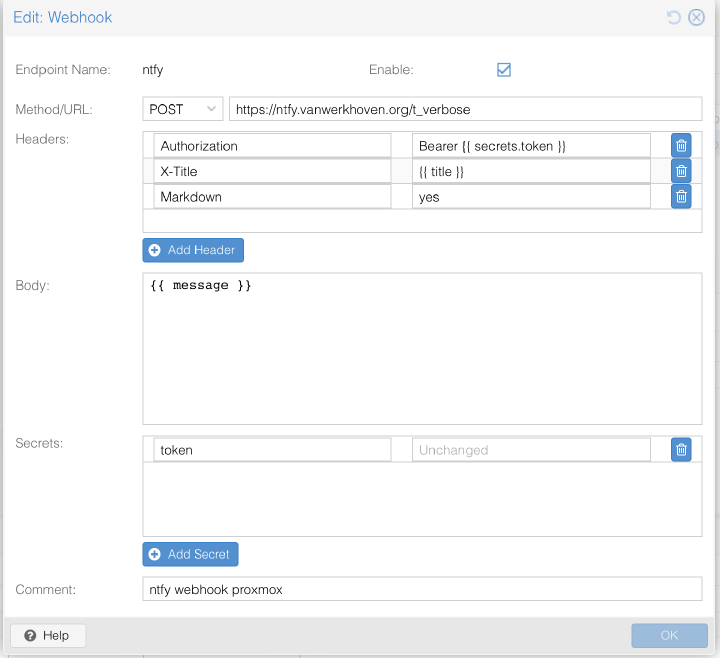 Proxmox notification webhook for ntfy